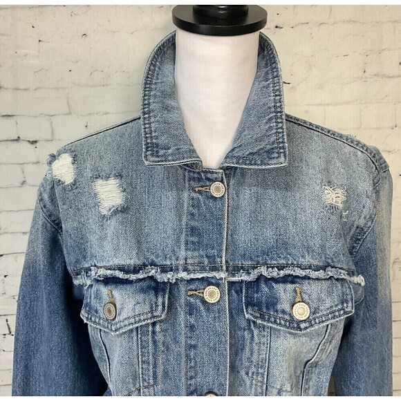 KanCan Women Blue Jean Jacket Sz Small Distress Raw Edge Stretch Pockets Denim T - Picture 8 of 12